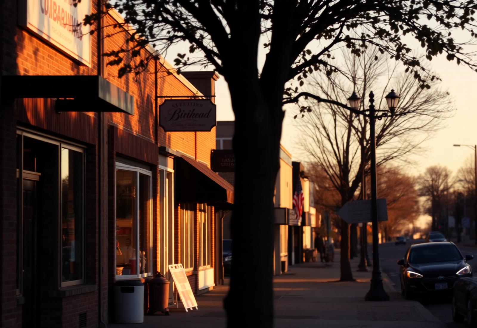 A quiet main street in northern New Jersey at golden hour